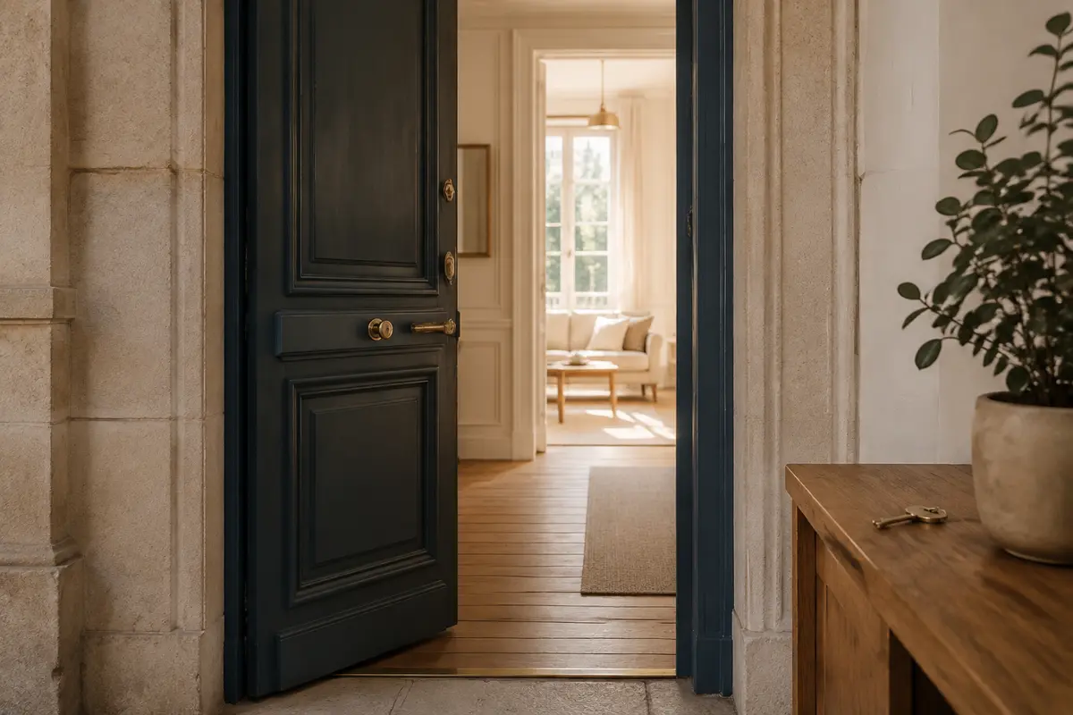 Porte résidentielle ouverte sur un intérieur lumineux